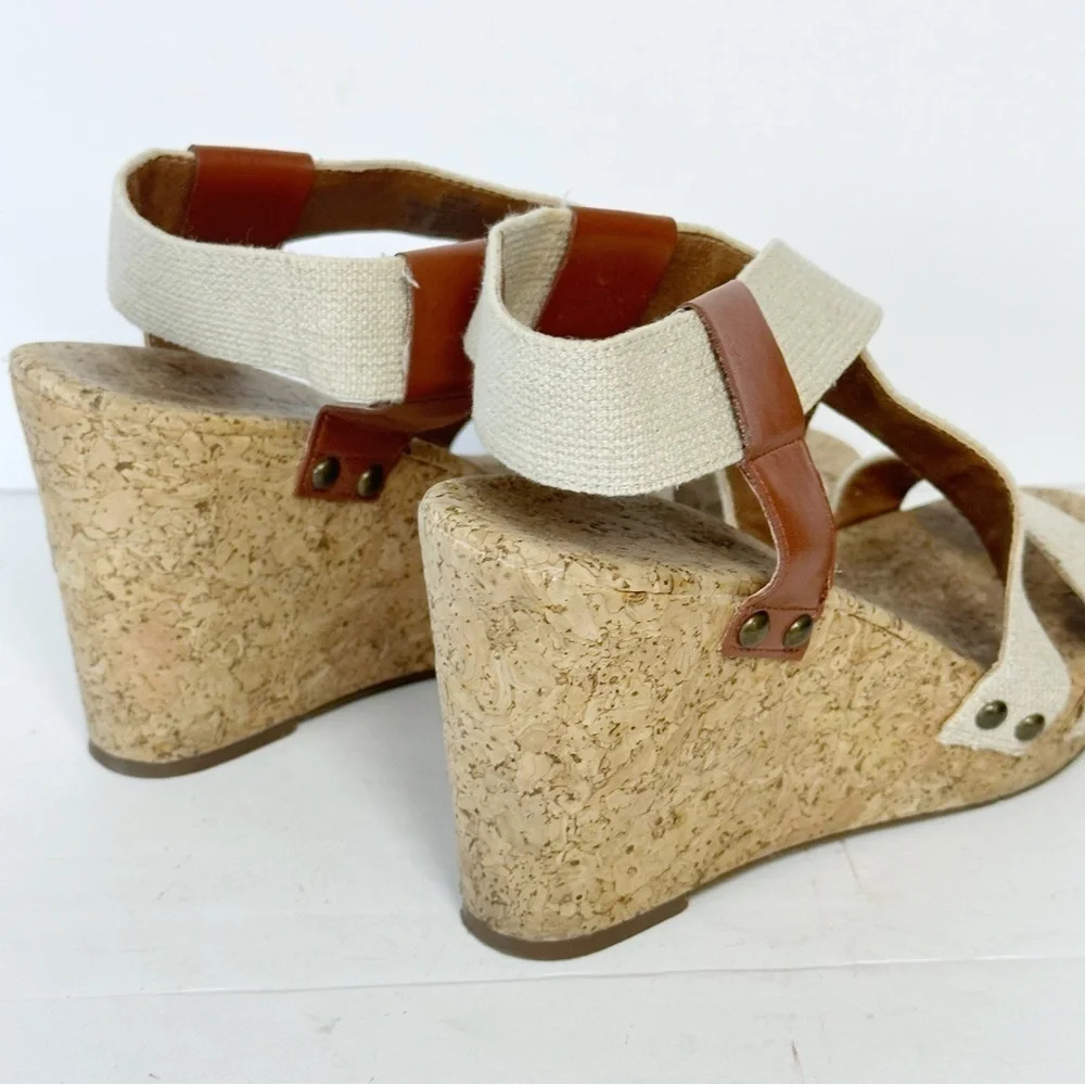 Lucky Brand Marla Cork Wedge Sandals Beige Tan Shoes Elastic Back Size 9 Boho
